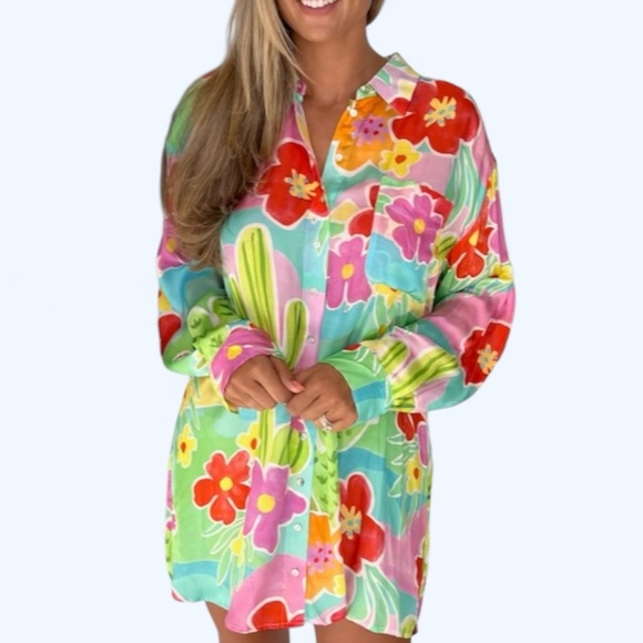 New Spell x Free People Floral Tutti Fruitti XS, S, M Pink Button Shirtdress - Picture 9 of 15